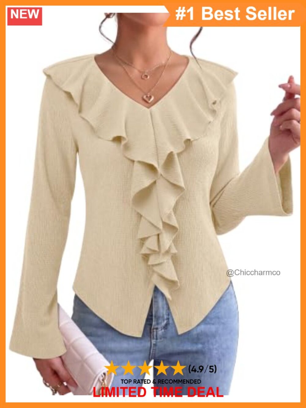 Ruffle V-Neck Blouse Flared Sleeve Asymmetrical Hem Stretch Knit Top
